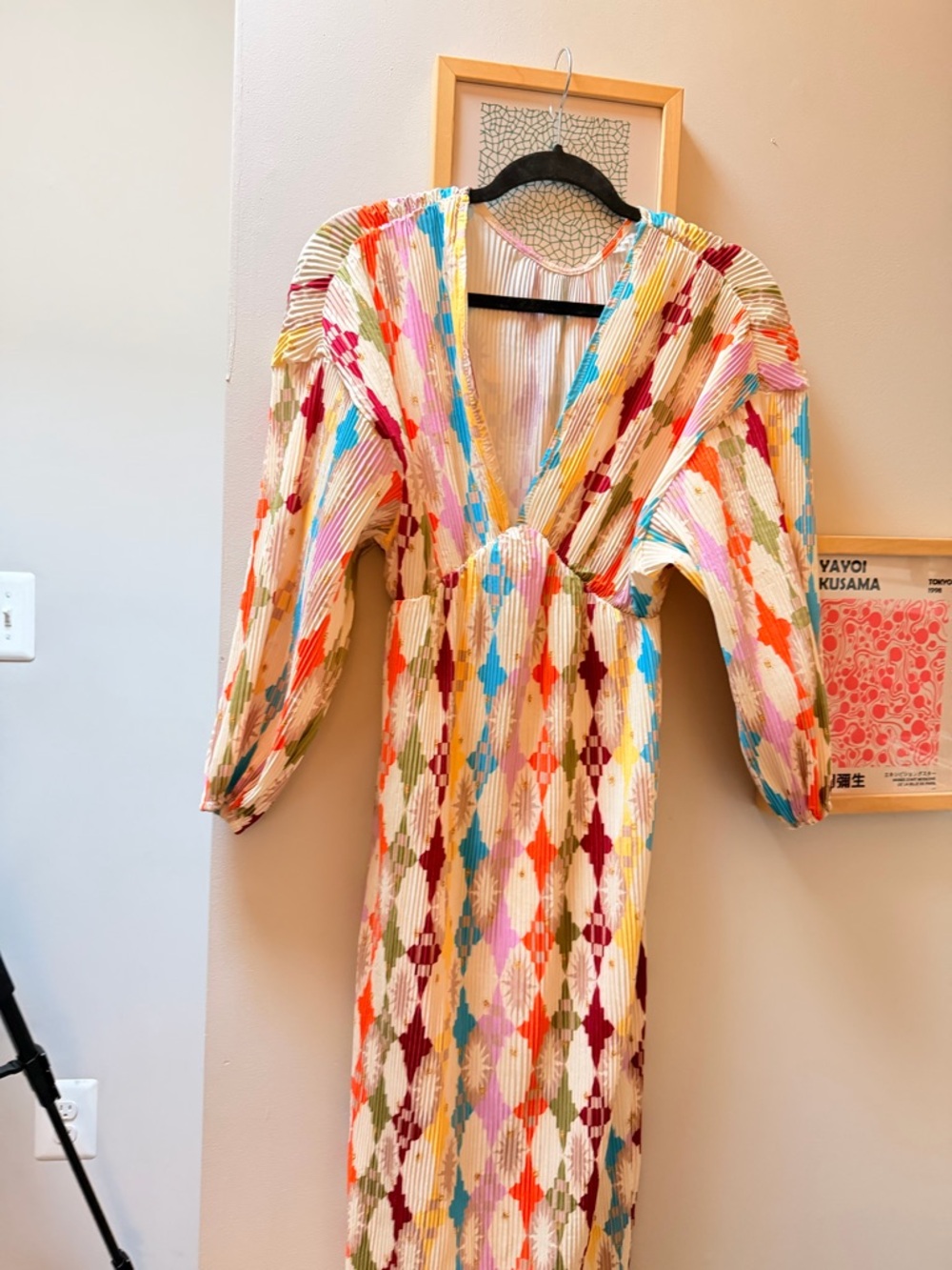 Zara Multicolor Diamond-Print Pleated V‑Neck Maxi Dress